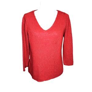 Eileen Fisher Salmon Orange V-Neck Rolled Hem Linen Blend Top